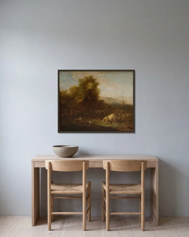 Landskap med djur och en herde av Nicolaes Pietersz. Berchem inramad på en vägg