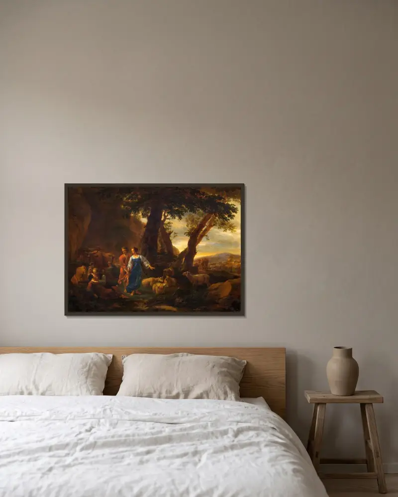 Landskap med bönder och boskap av Nicolaes Pietersz. Berchem inramad på en vägg