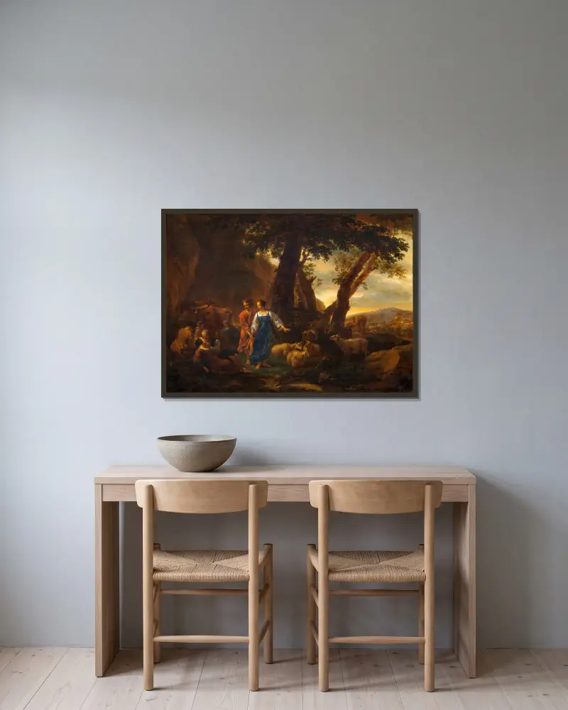 Landskap med bönder och boskap av Nicolaes Pietersz. Berchem inramad på en vägg