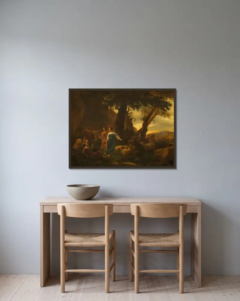 Landskap med bönder och boskap av Nicolaes Pietersz. Berchem inramad på en vägg