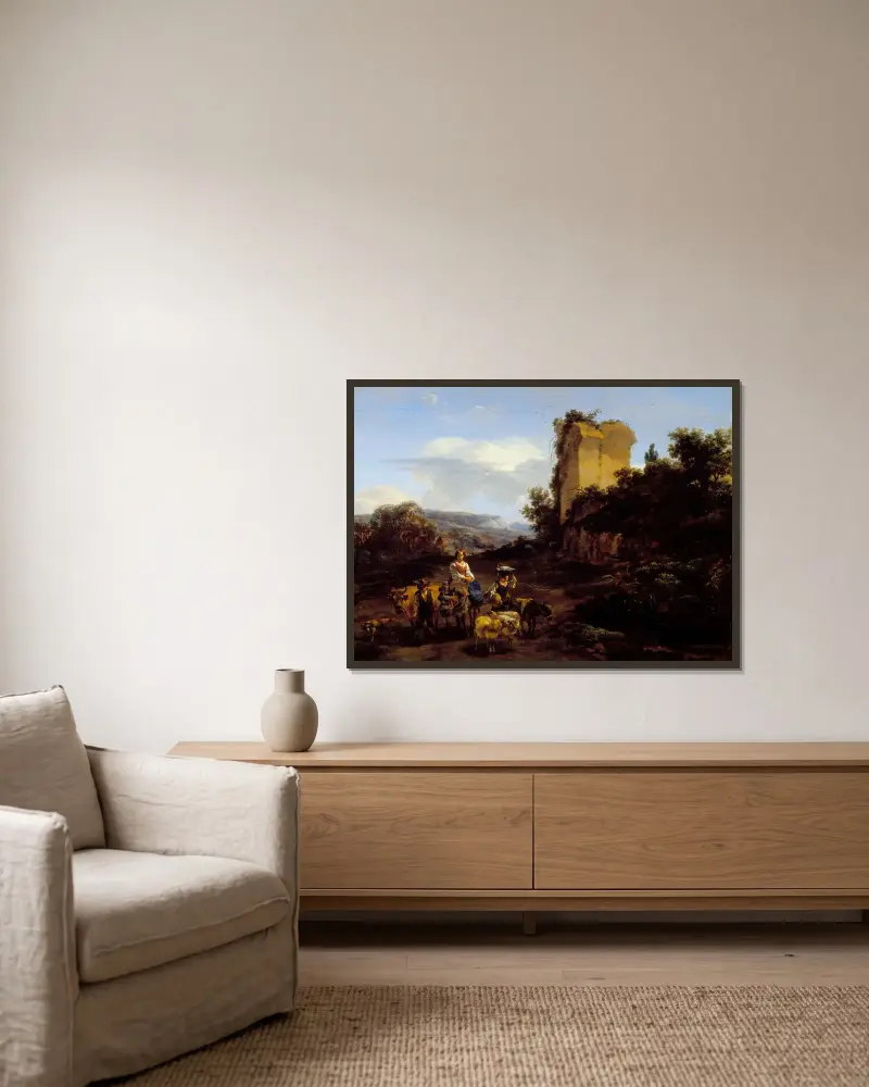 Landskap med ruiner och resenärer av Nicolaes Pietersz. Berchem inramad på en vägg