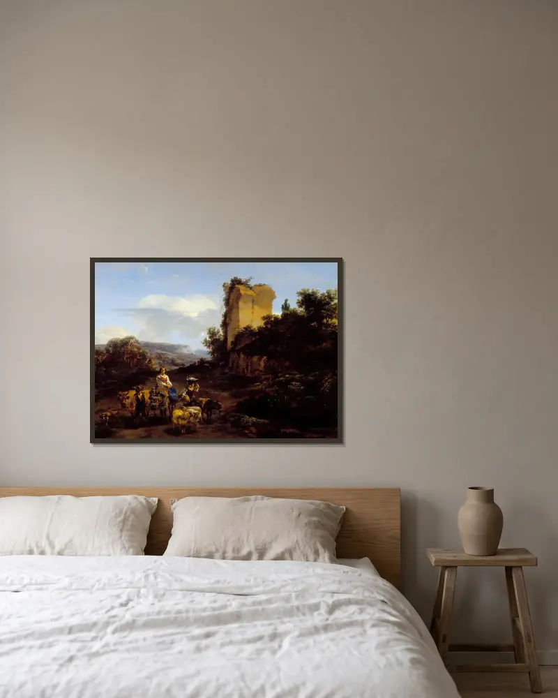 Landskap med ruiner och resenärer av Nicolaes Pietersz. Berchem inramad på en vägg