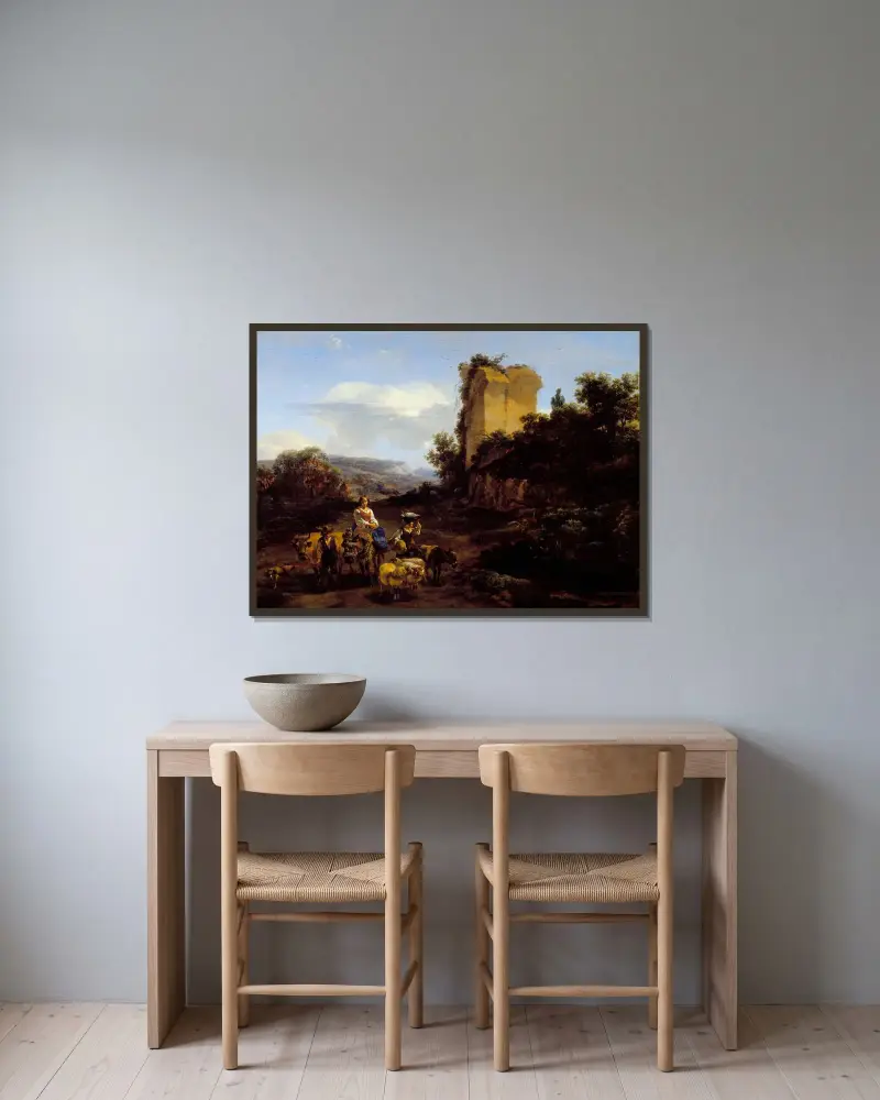 Landskap med ruiner och resenärer av Nicolaes Pietersz. Berchem inramad på en vägg