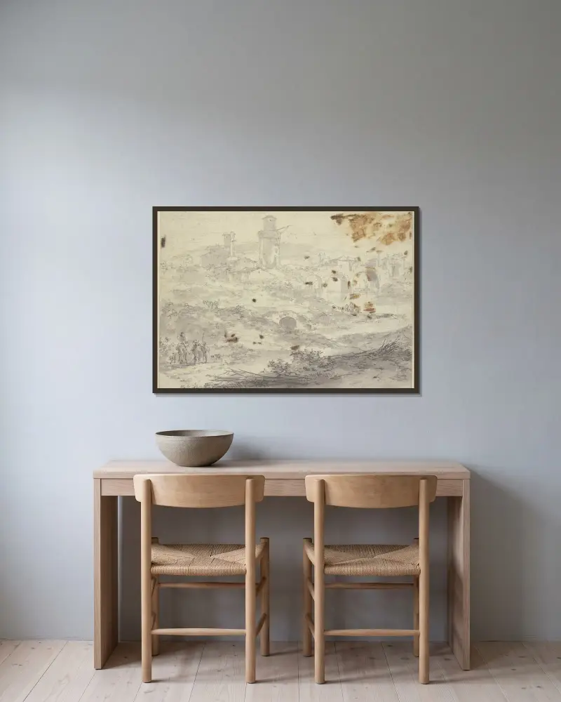 Landschaft mit einer Stadt und einer großen Brücke mit drei Bögen, vorne links drei Figuren av Nicolaes Pietersz. Berchem inramad på en vägg