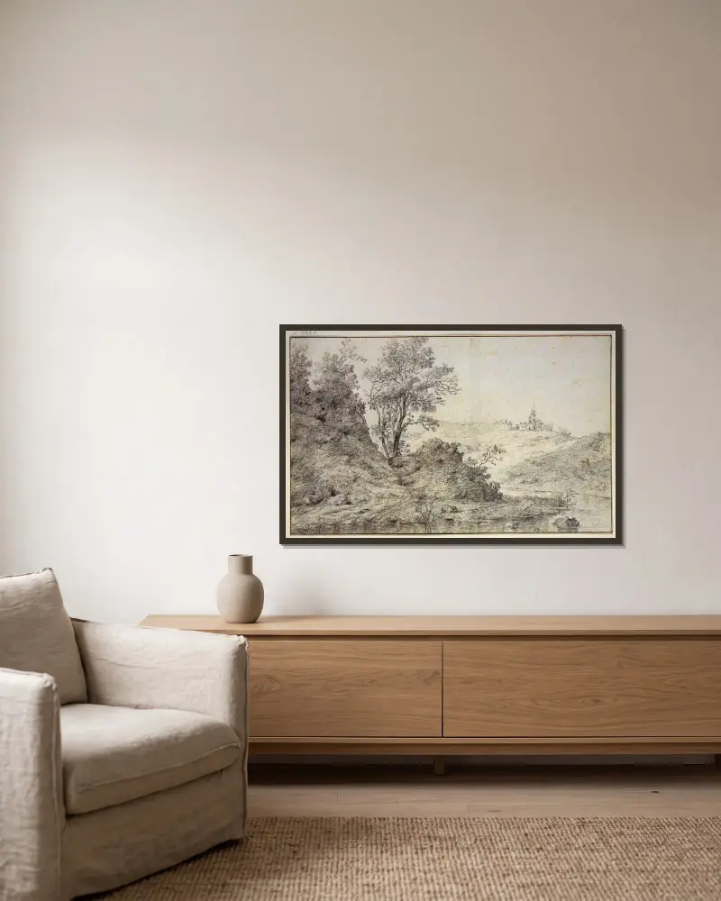 Landskap med vatten, på kullen herde och herdinnan med boskap av Nicolaes Pietersz. Berchem inramad på en vägg