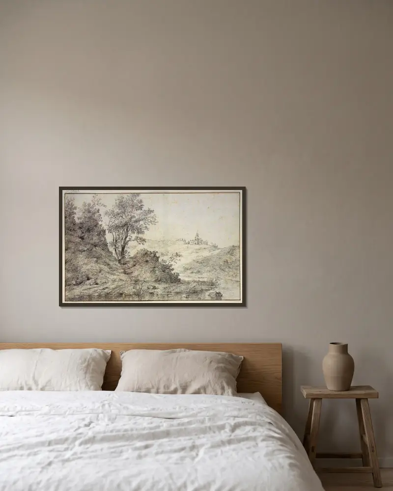 Landskap med vatten, på kullen herde och herdinnan med boskap av Nicolaes Pietersz. Berchem inramad på en vägg
