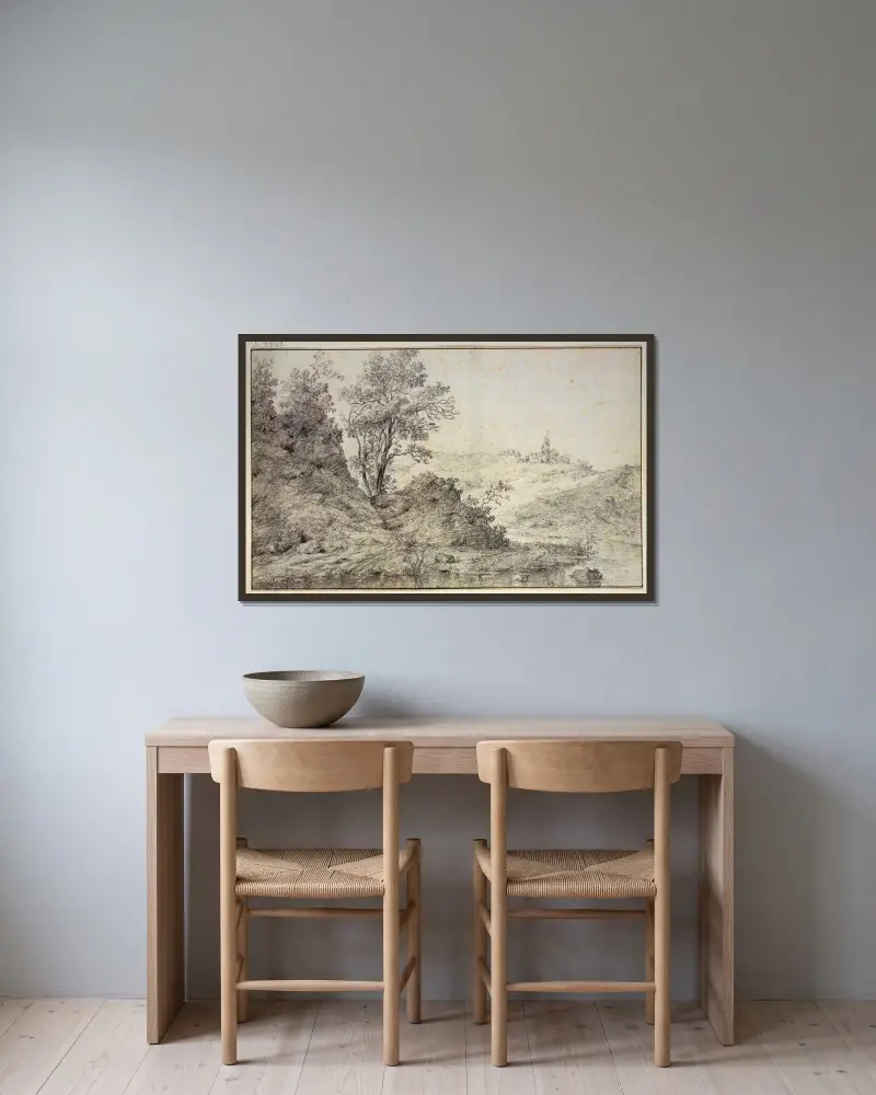 Landskap med vatten, på kullen herde och herdinnan med boskap av Nicolaes Pietersz. Berchem inramad på en vägg