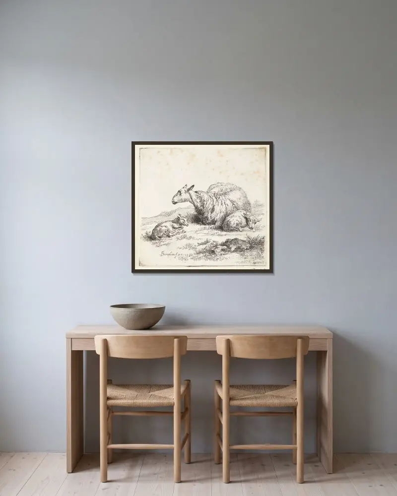Liggende får med to lam av Nicolaes Pietersz. Berchem inramad på en vägg