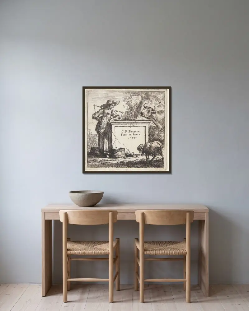 Mjölkpiga lutad mot en piedestal av Nicolaes Pietersz. Berchem inramad på en vägg