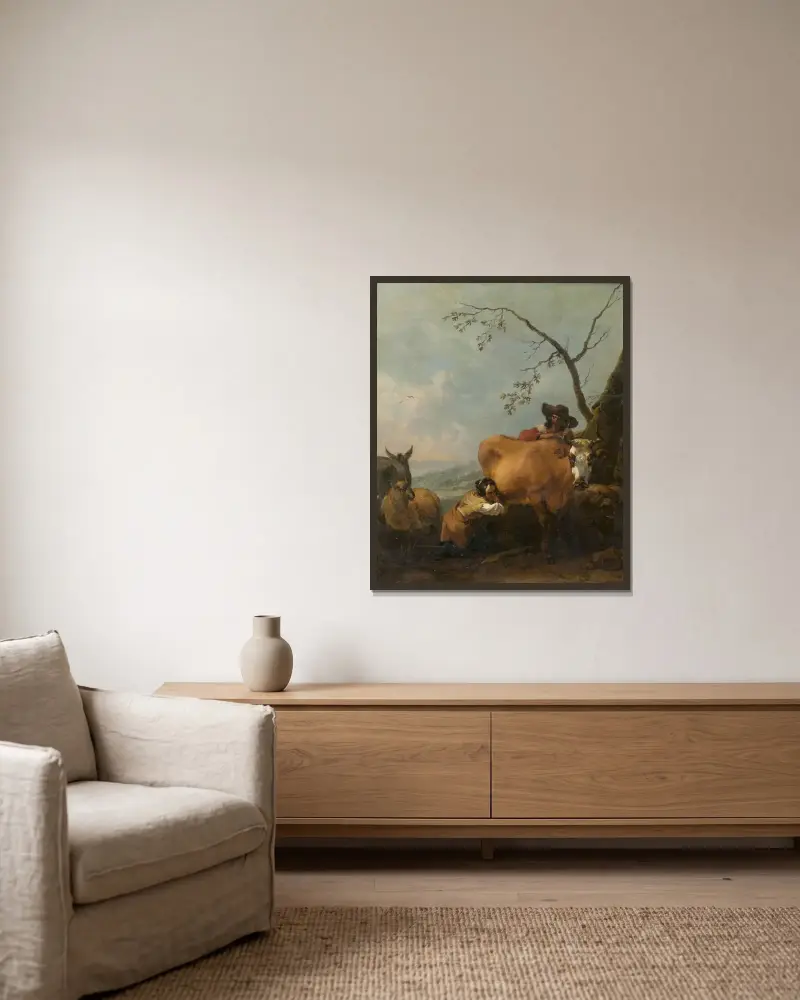 Mjölkningstid av Nicolaes Pietersz. Berchem inramad på en vägg