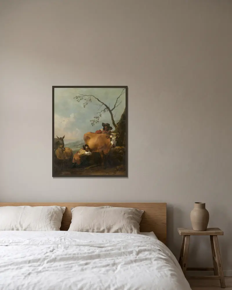 Mjölkningstid av Nicolaes Pietersz. Berchem inramad på en vägg