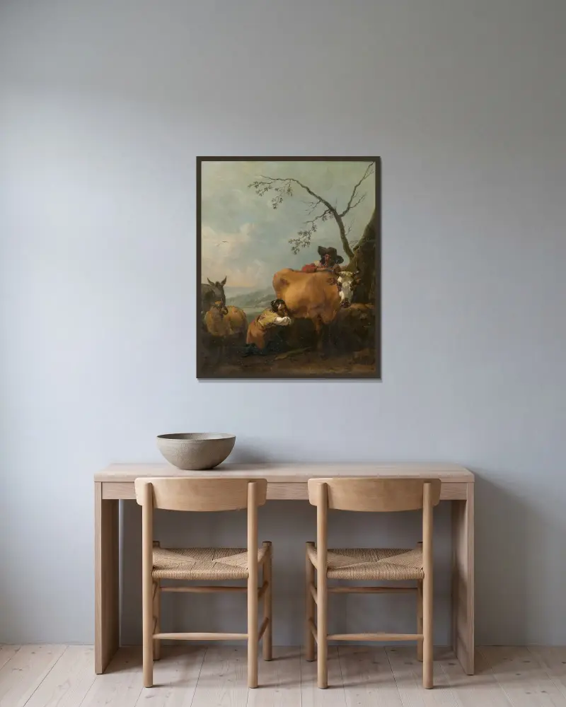 Mjölkningstid av Nicolaes Pietersz. Berchem inramad på en vägg