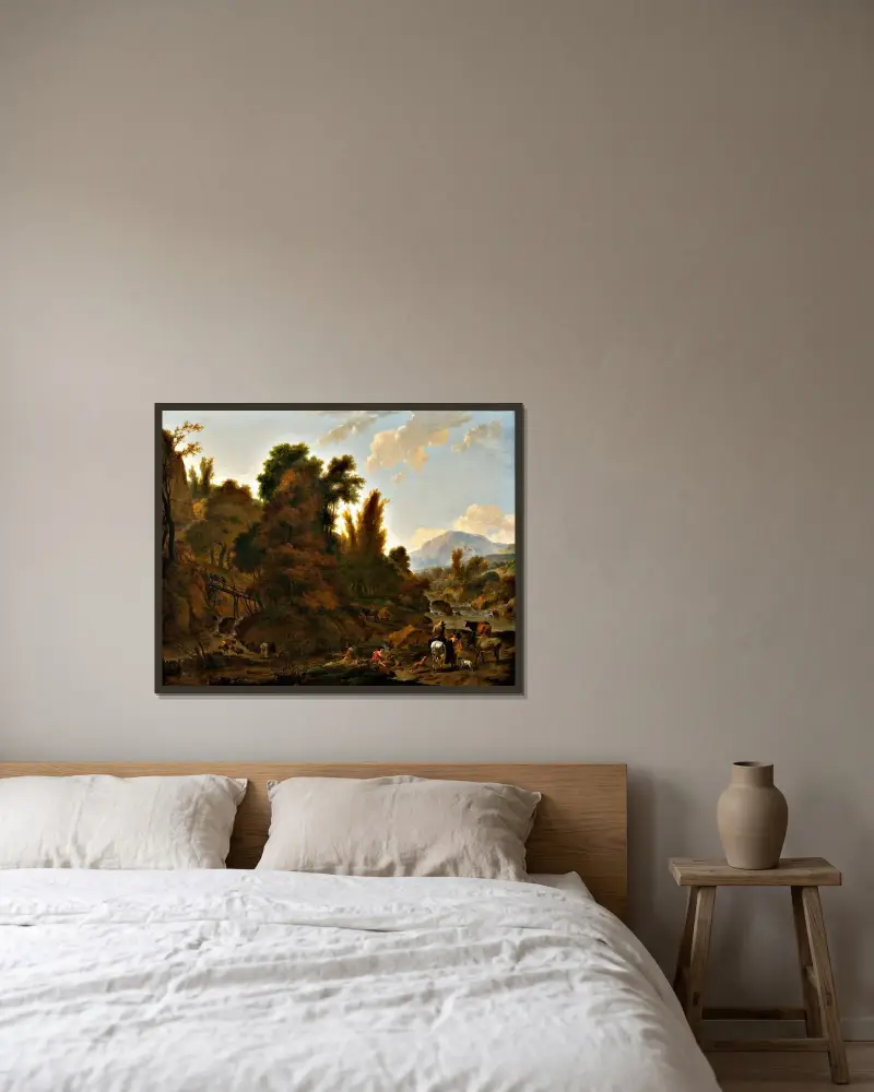 Bergslandskap med herdar av Nicolaes Pietersz. Berchem inramad på en vägg
