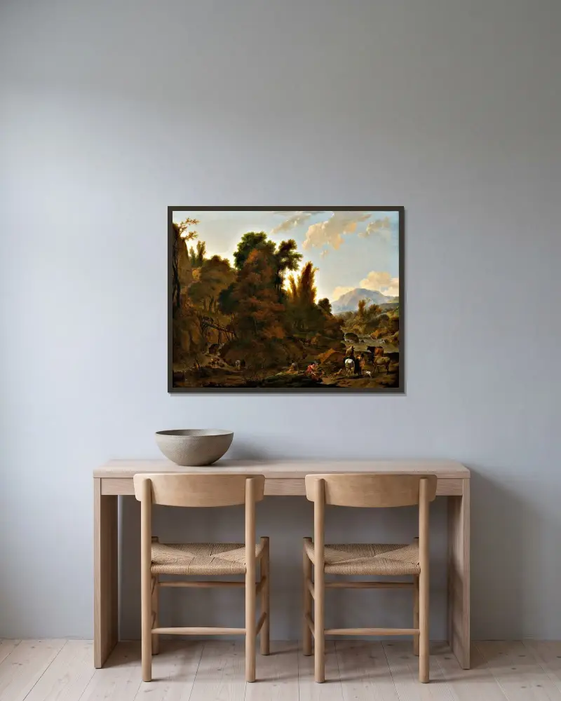 Bergslandskap med herdar av Nicolaes Pietersz. Berchem inramad på en vägg