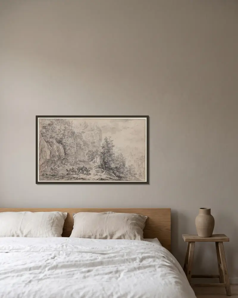 Bergslandskap av Nicolaes Pietersz. Berchem inramad på en vägg