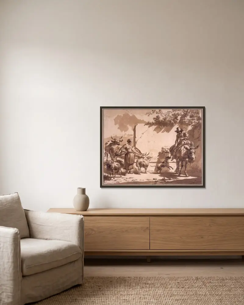 Mulåsnedrivare och herdinna med boskap vid en fontän av Nicolaes Pietersz. Berchem inramad på en vägg