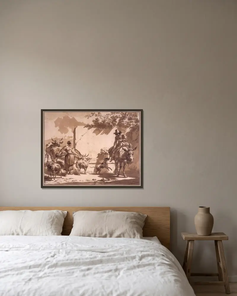 Mulåsnedrivare och herdinna med boskap vid en fontän av Nicolaes Pietersz. Berchem inramad på en vägg