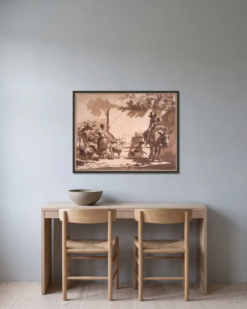 Mulåsnedrivare och herdinna med boskap vid en fontän av Nicolaes Pietersz. Berchem inramad på en vägg