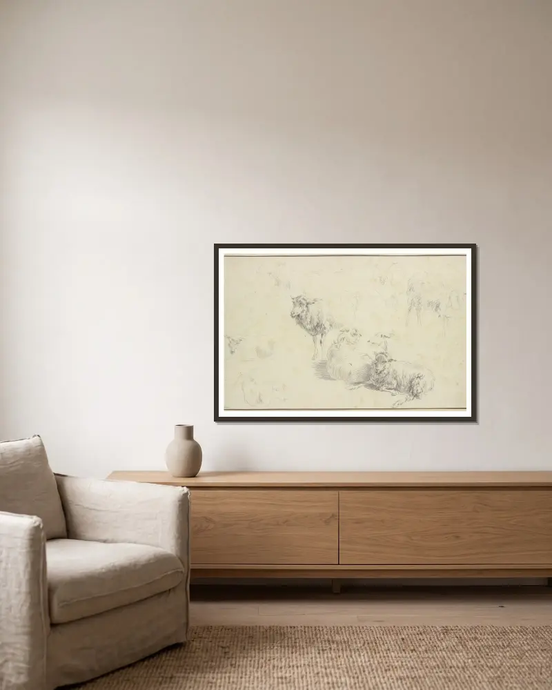 Neun Schafe von Nicolaes Pietersz. Berchem gerahmt an einer Wand