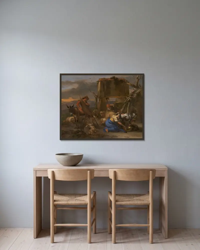 Herdescén med en herdinnna som mjölkar en get av Nicolaes Pietersz. Berchem inramad på en vägg