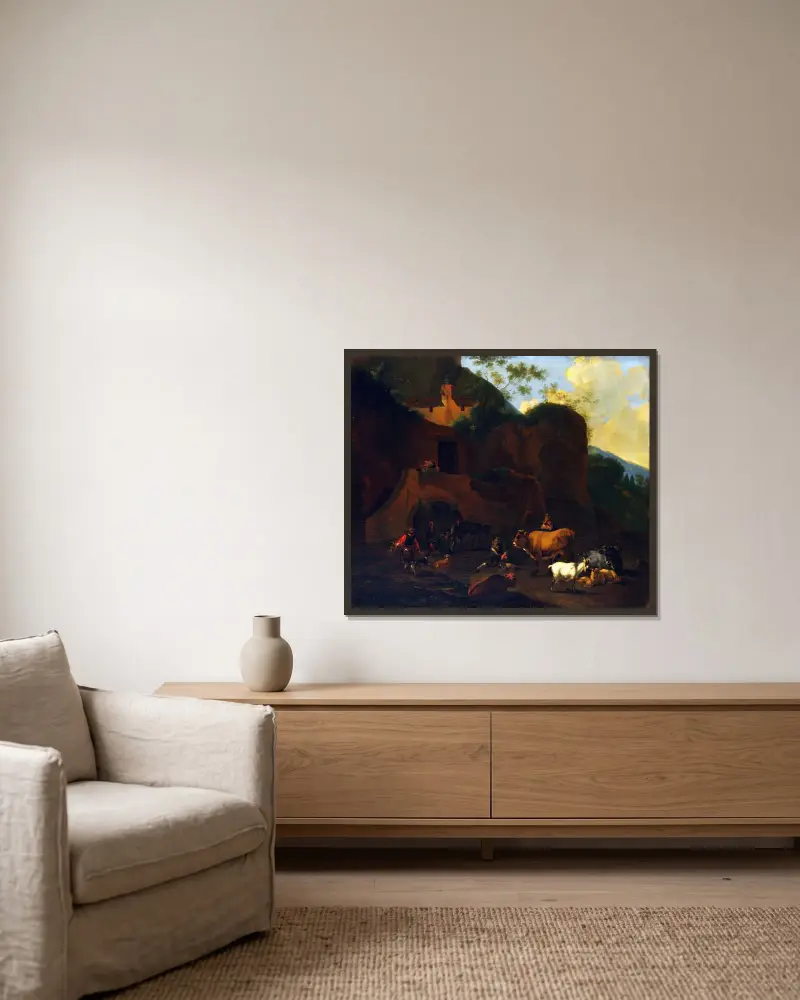 Bönder och boskap av Nicolaes Pietersz. Berchem inramad på en vägg