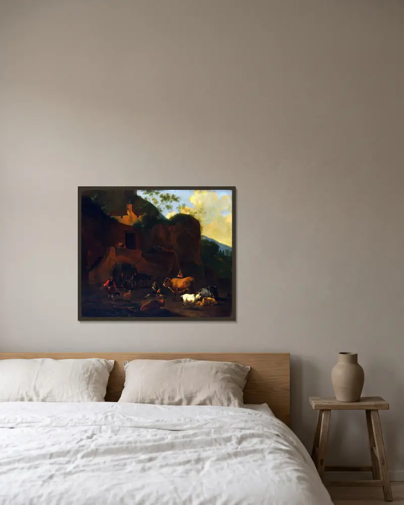 Bönder och boskap av Nicolaes Pietersz. Berchem inramad på en vägg