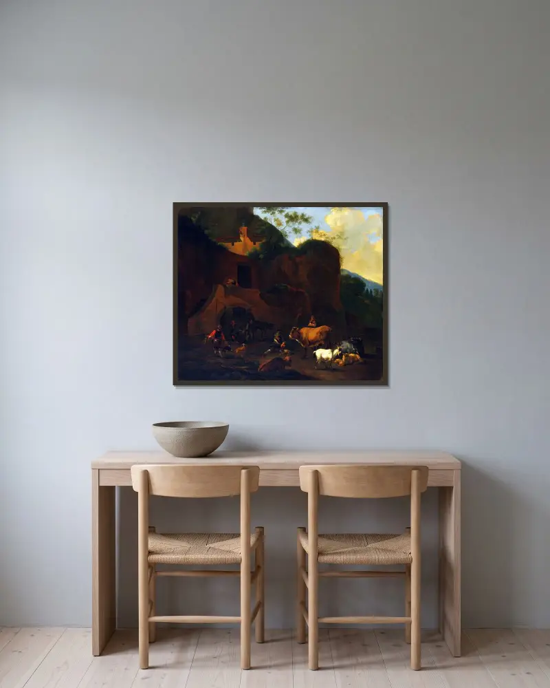 Bönder och boskap av Nicolaes Pietersz. Berchem inramad på en vägg