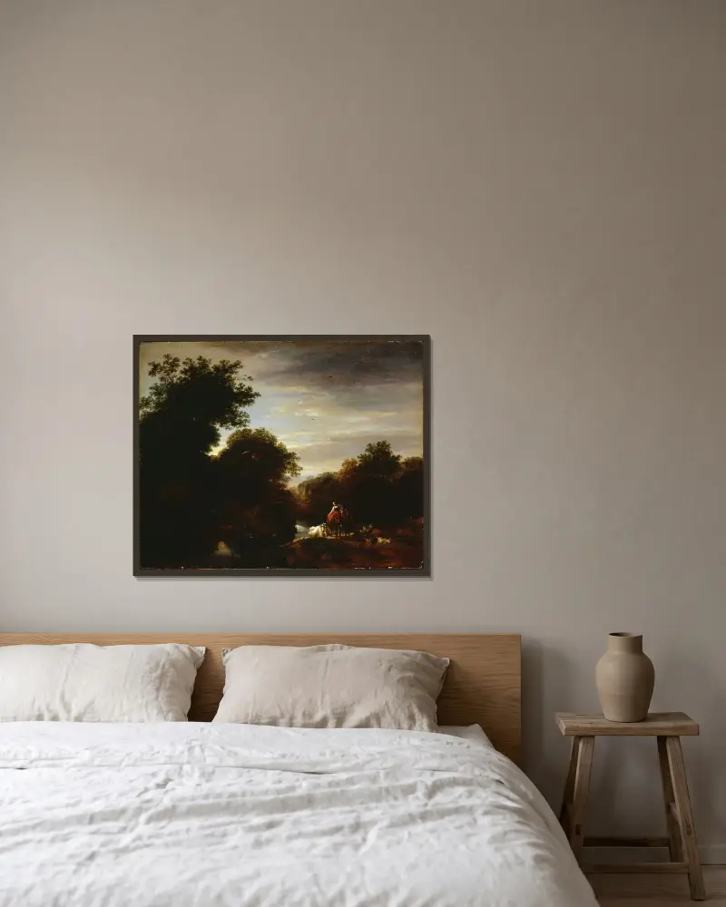 Bönder vid ett vadställe av Nicolaes Pietersz. Berchem inramad på en vägg
