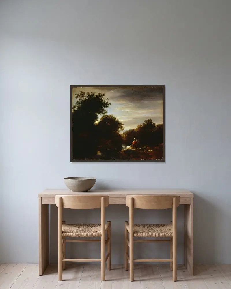 Bönder vid ett vadställe av Nicolaes Pietersz. Berchem inramad på en vägg