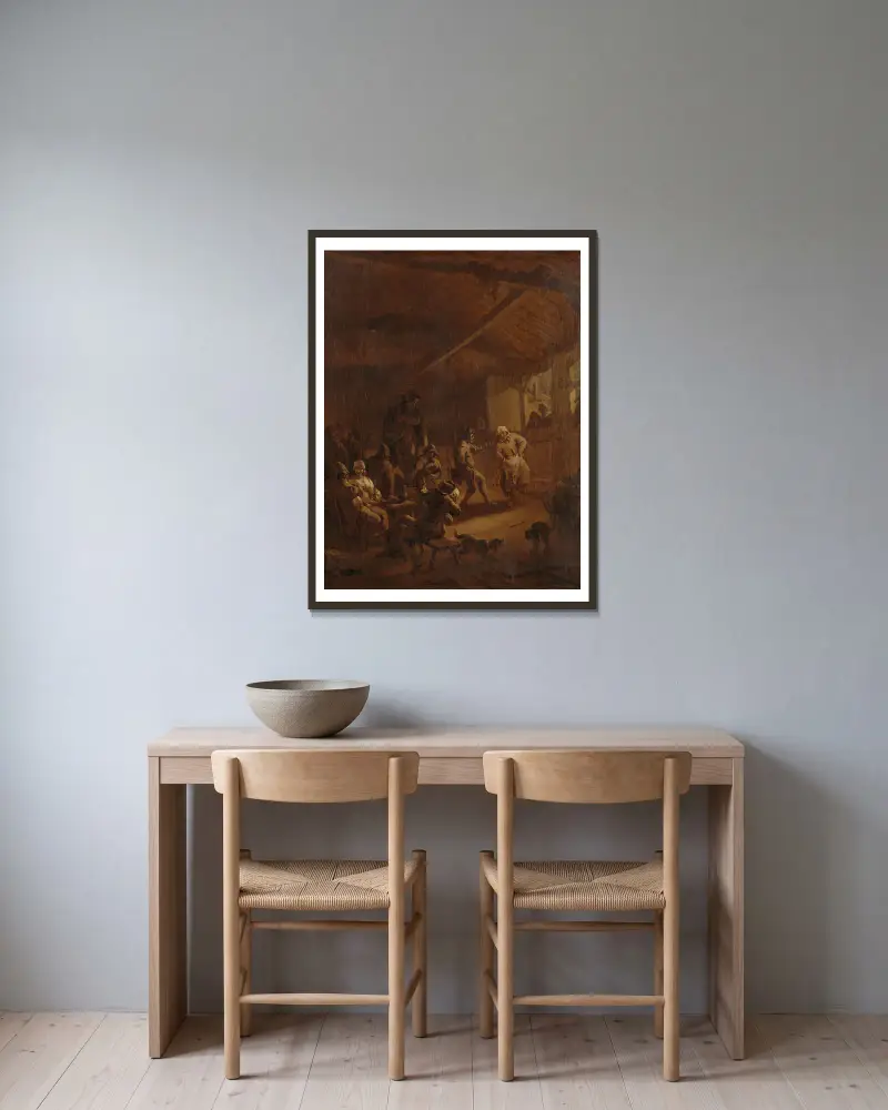 Peasants Dancing in a Barn av Nicolaes Pietersz. Berchem inramad på en vägg