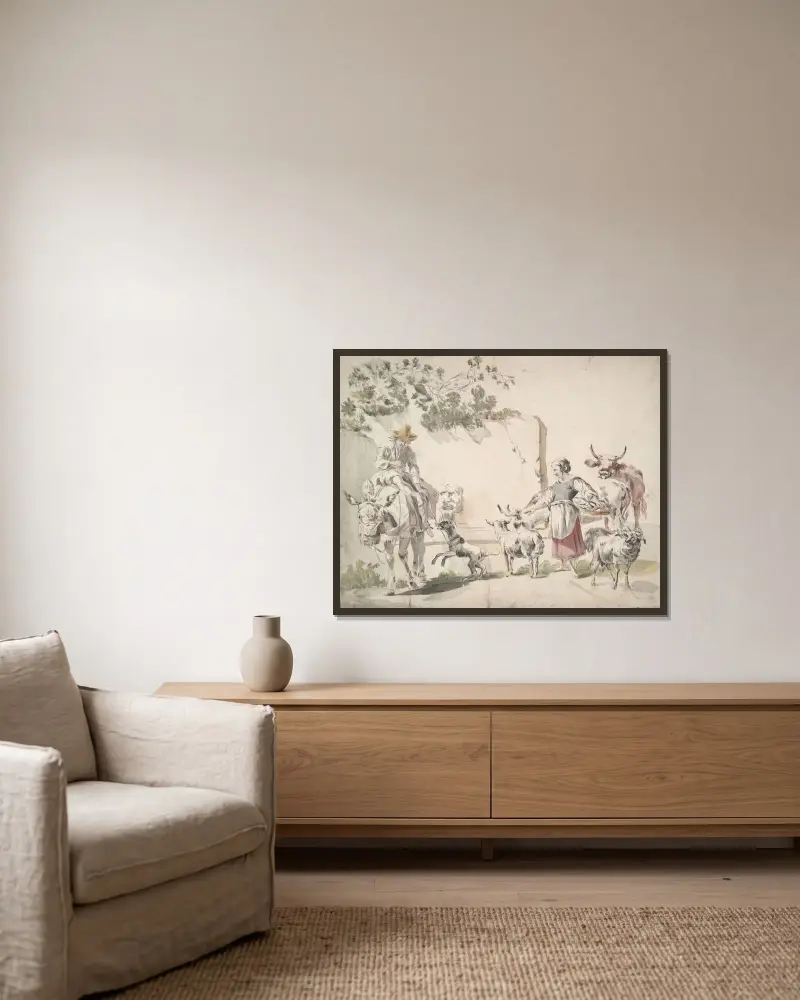 Bönder på väg till marknaden av Nicolaes Pietersz. Berchem inramad på en vägg