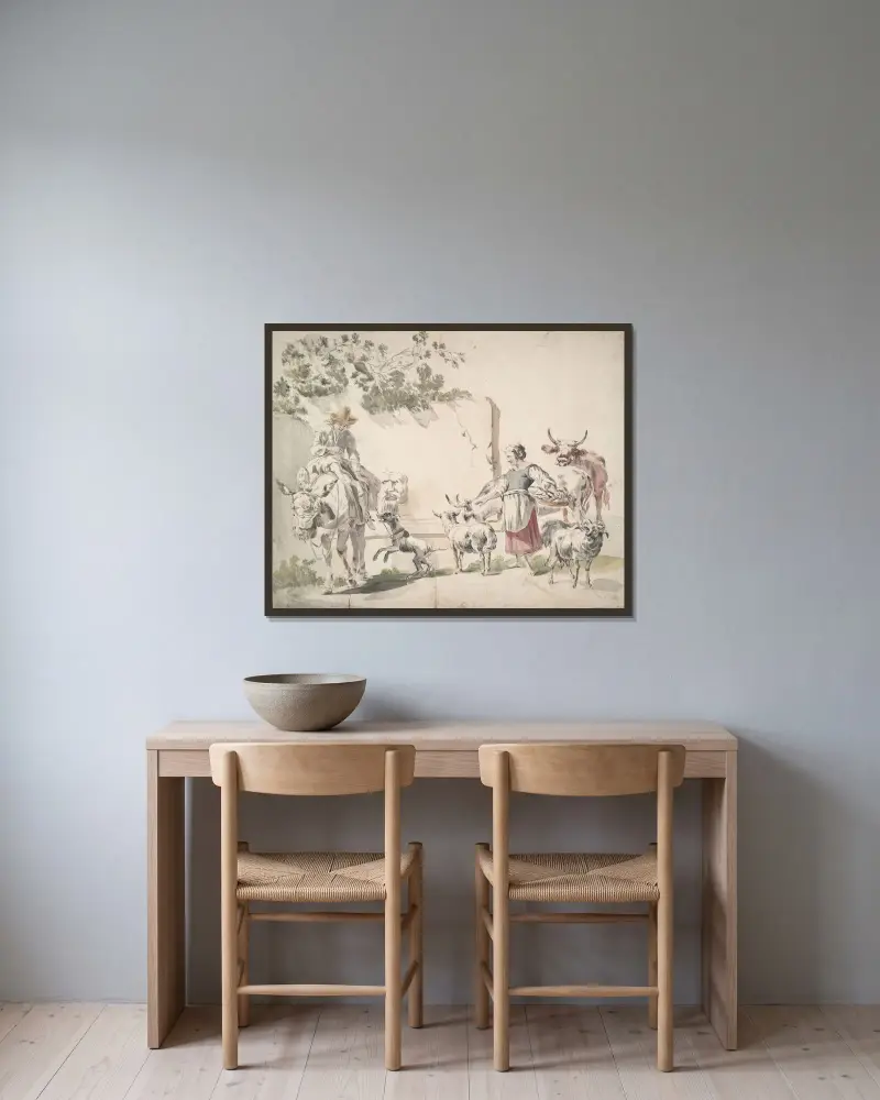 Bönder på väg till marknaden av Nicolaes Pietersz. Berchem inramad på en vägg