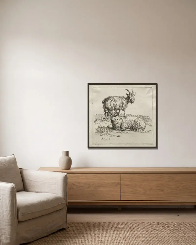 Vädur och get av Nicolaes Pietersz. Berchem inramad på en vägg
