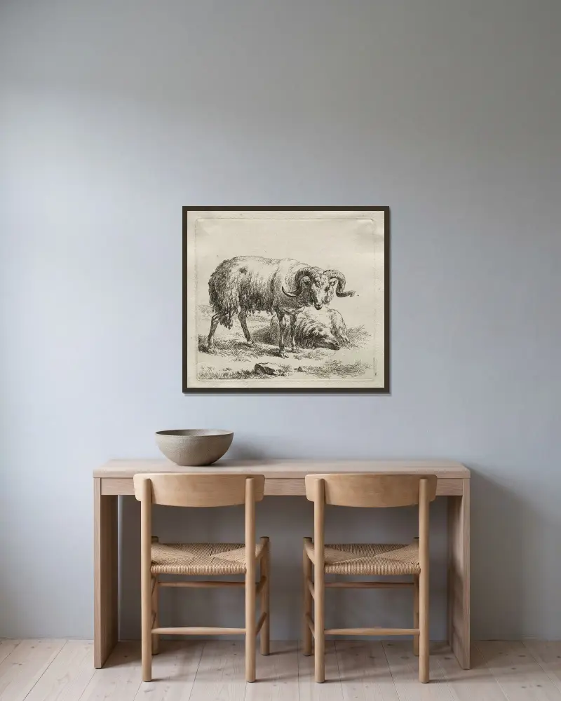 Vädur och får av Nicolaes Pietersz. Berchem inramad på en vägg