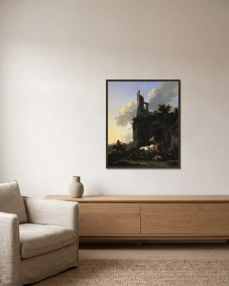 Rast framför en krog av Nicolaes Pietersz. Berchem inramad på en vägg
