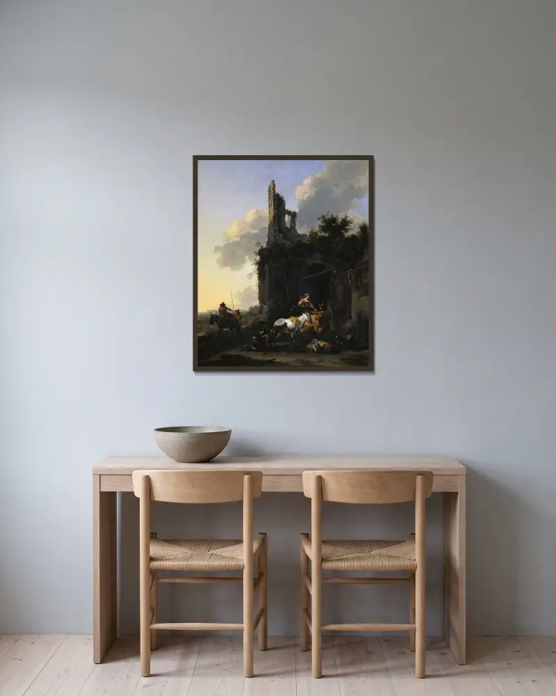 Rast framför en krog av Nicolaes Pietersz. Berchem inramad på en vägg