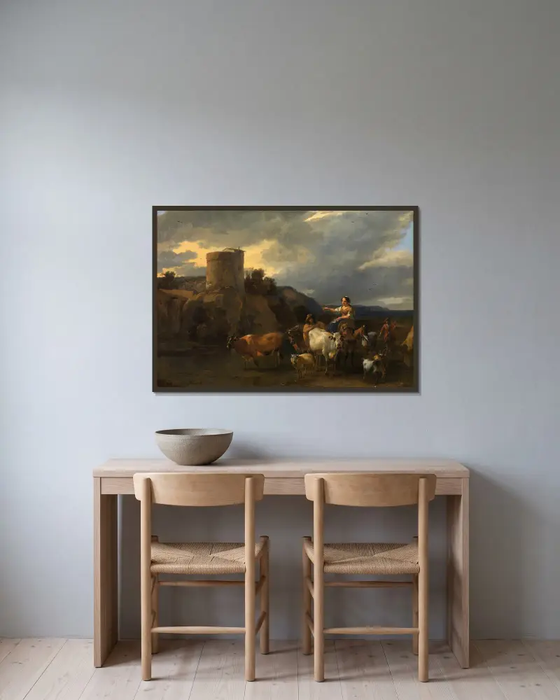 Returning from the Meadow av Nicolaes Pietersz. Berchem inramad på en vägg