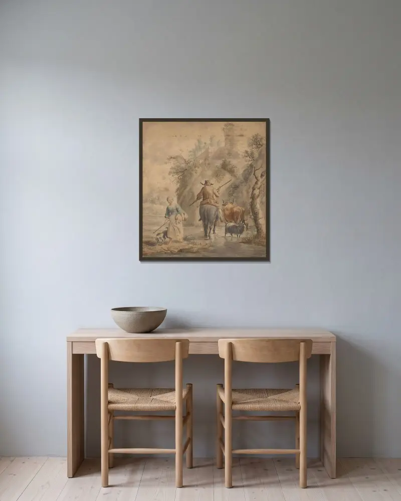 Rivierlandschap met een ruiter, vrouw en vee av Nicolaes Pietersz. Berchem inramad på en vägg