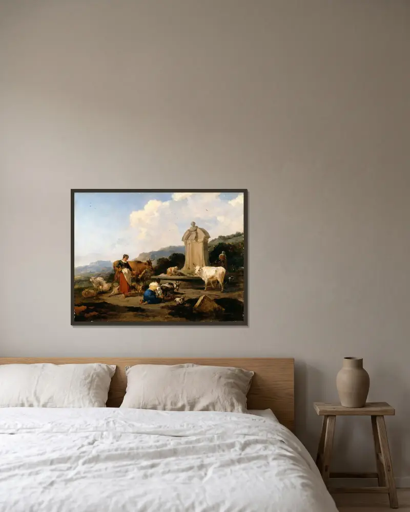 Römischer Brunnen mit Vieh und Figuren (Le Midi) von Nicolaes Pietersz. Berchem gerahmt an einer Wand