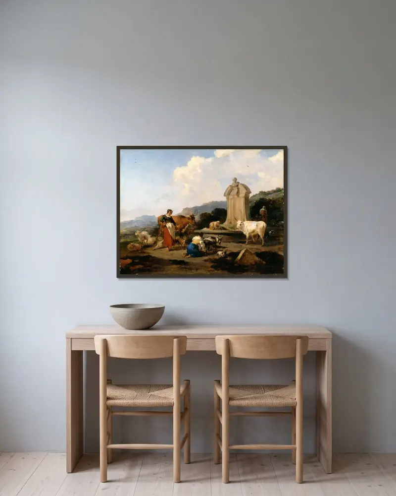 Römischer Brunnen mit Vieh und Figuren (Le Midi) von Nicolaes Pietersz. Berchem gerahmt an einer Wand