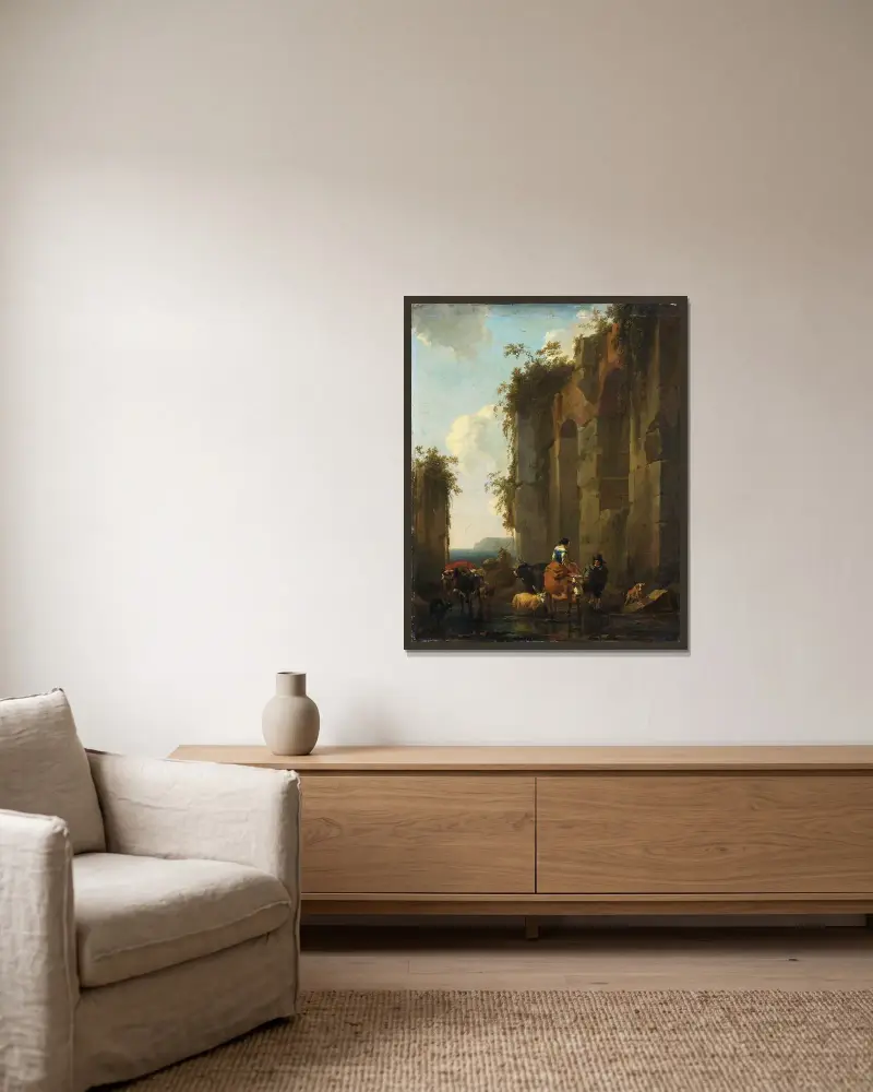 Ruiner i Italien av Nicolaes Pietersz. Berchem inramad på en vägg