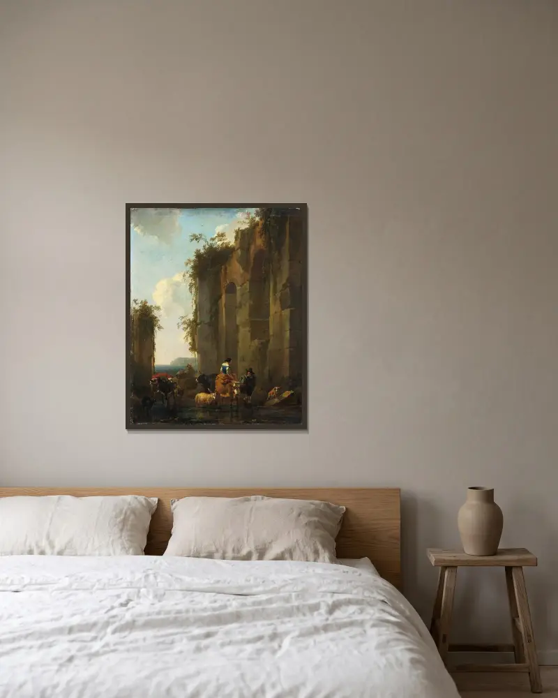Ruiner i Italien av Nicolaes Pietersz. Berchem inramad på en vägg