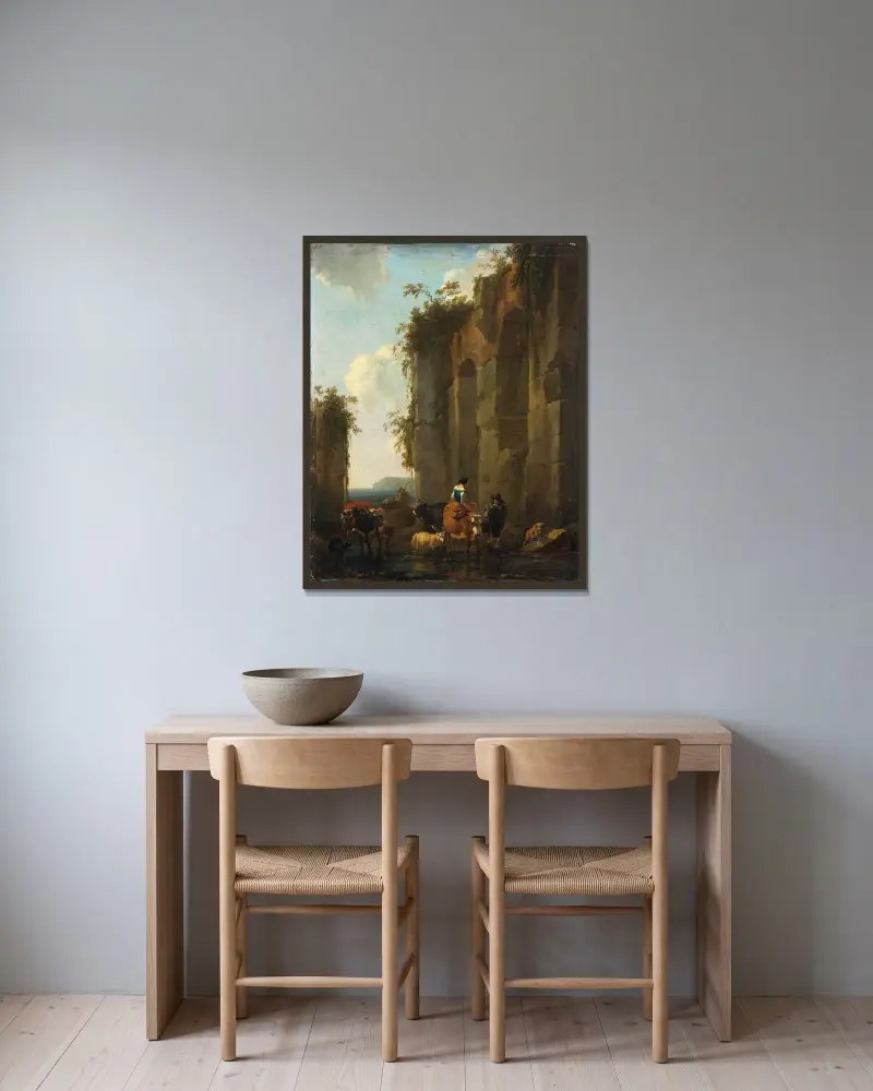Ruiner i Italien av Nicolaes Pietersz. Berchem inramad på en vägg