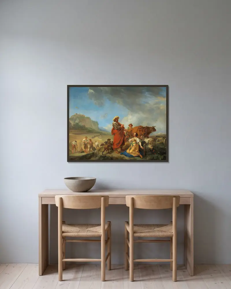 Ruth and Boas av Nicolaes Pietersz. Berchem inramad på en vägg