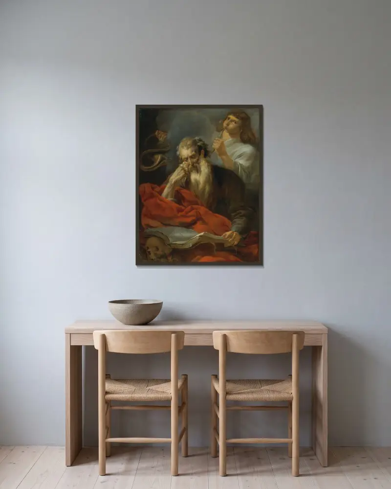 Saint Jerome av Nicolaes Pietersz. Berchem inramad på en vägg