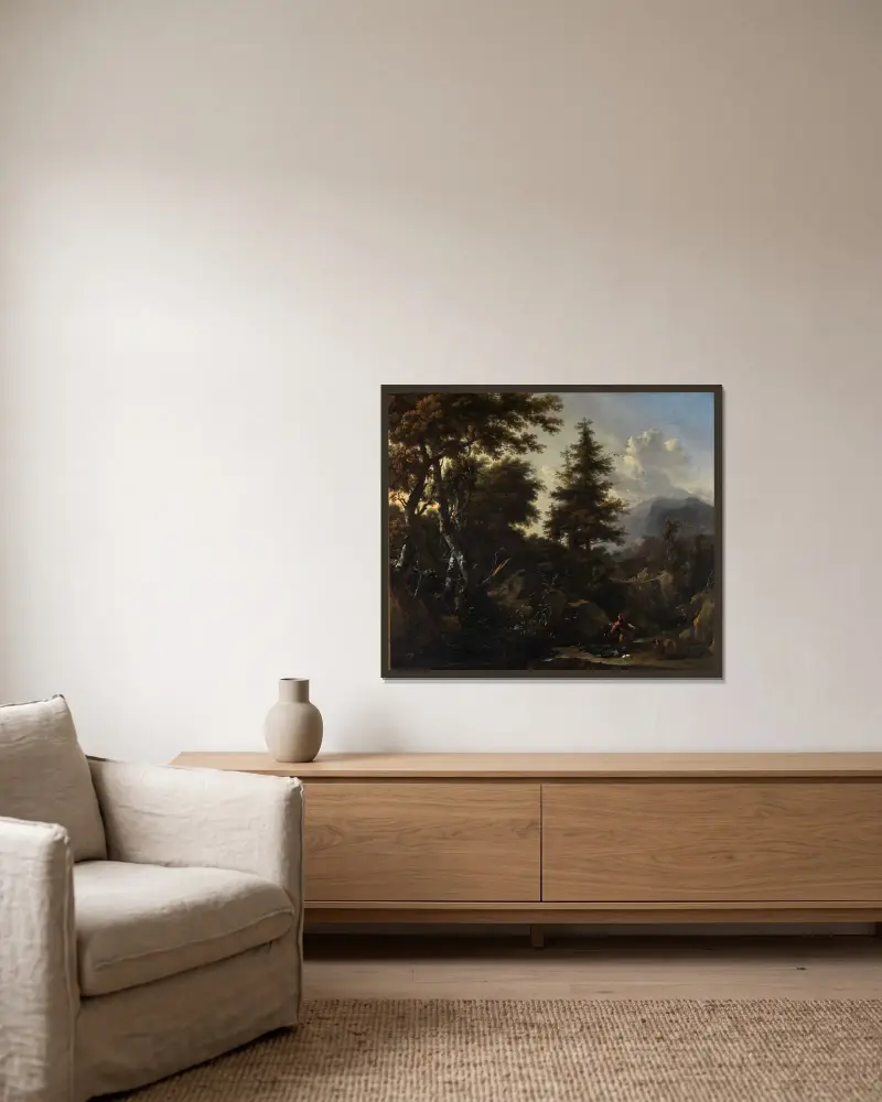Ravin i bergsskog med motiv från Gamla testamentet av Nicolaes Pietersz. Berchem inramad på en vägg