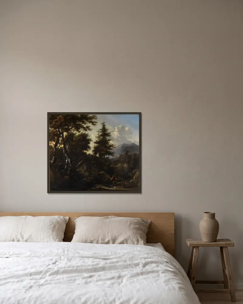 Ravin i bergsskog med motiv från Gamla testamentet av Nicolaes Pietersz. Berchem inramad på en vägg