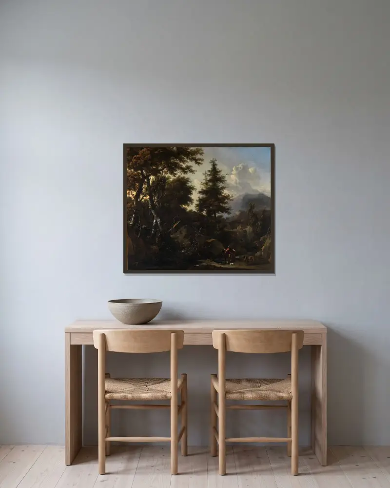 Ravin i bergsskog med motiv från Gamla testamentet av Nicolaes Pietersz. Berchem inramad på en vägg
