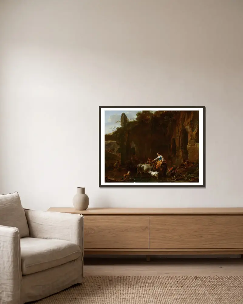 Shepherds beside Roman Ruins av Nicolaes Pietersz. Berchem inramad på en vägg