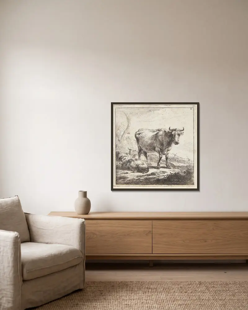 Stående ko och liggande getter och får av Nicolaes Pietersz. Berchem inramad på en vägg